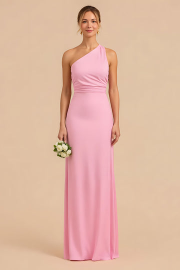 One Shoulder Sheath Candy Pink Bridesmaid Dress